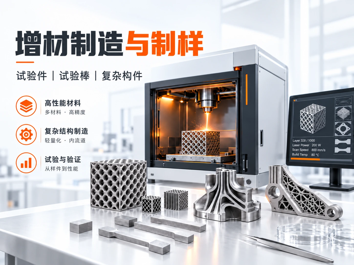增材制造科研试样与复杂构件示意
